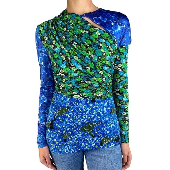 ZARA Patchwork Floral Blouse Top Keyhole Neckline Ruched Draped Cape Sleeve NWOT - Picture 12 of 16